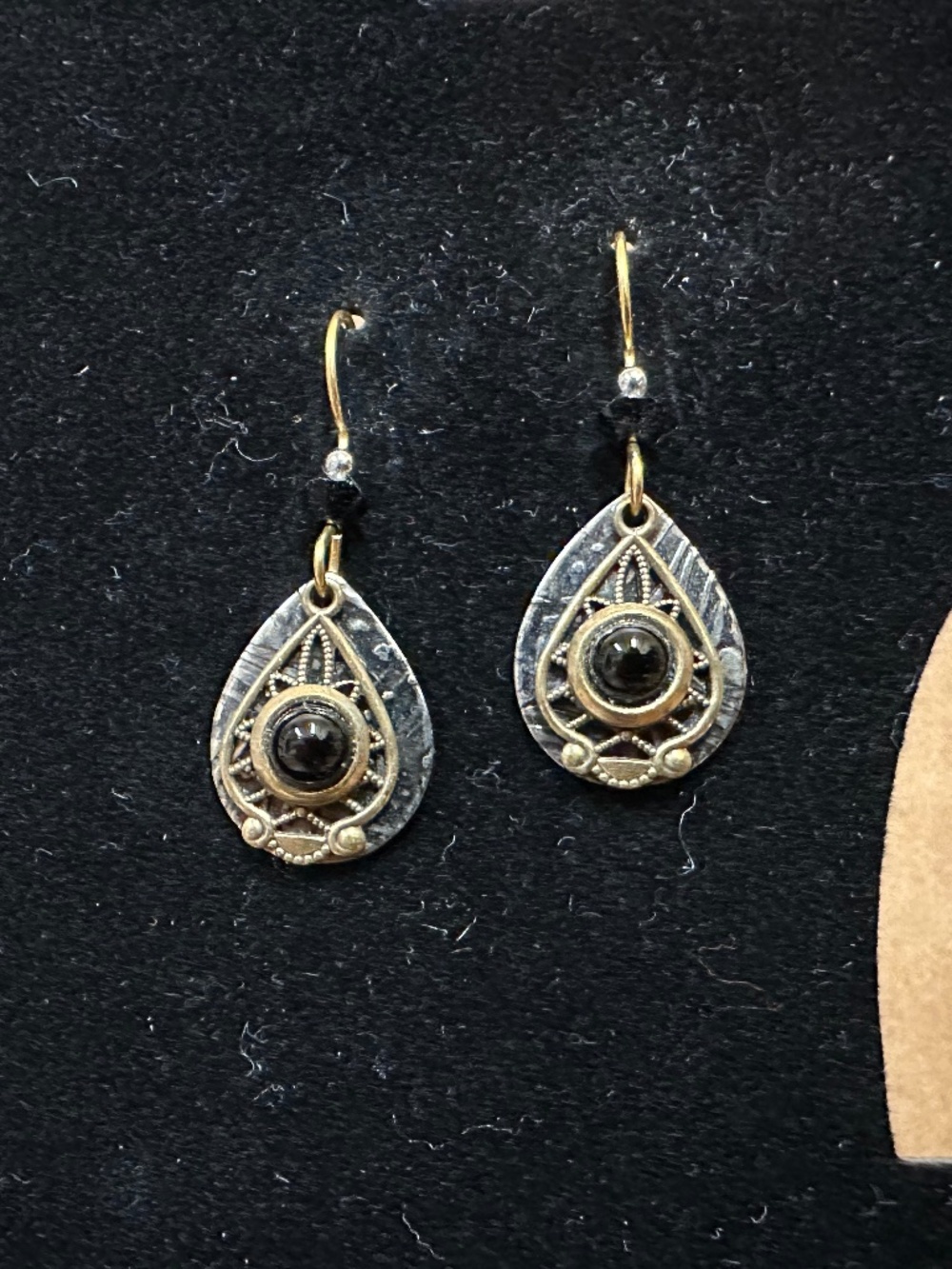 Embossed Silver Plate Teardrop Drop Earrings w/ Gold-tone and Black Bead Overlay